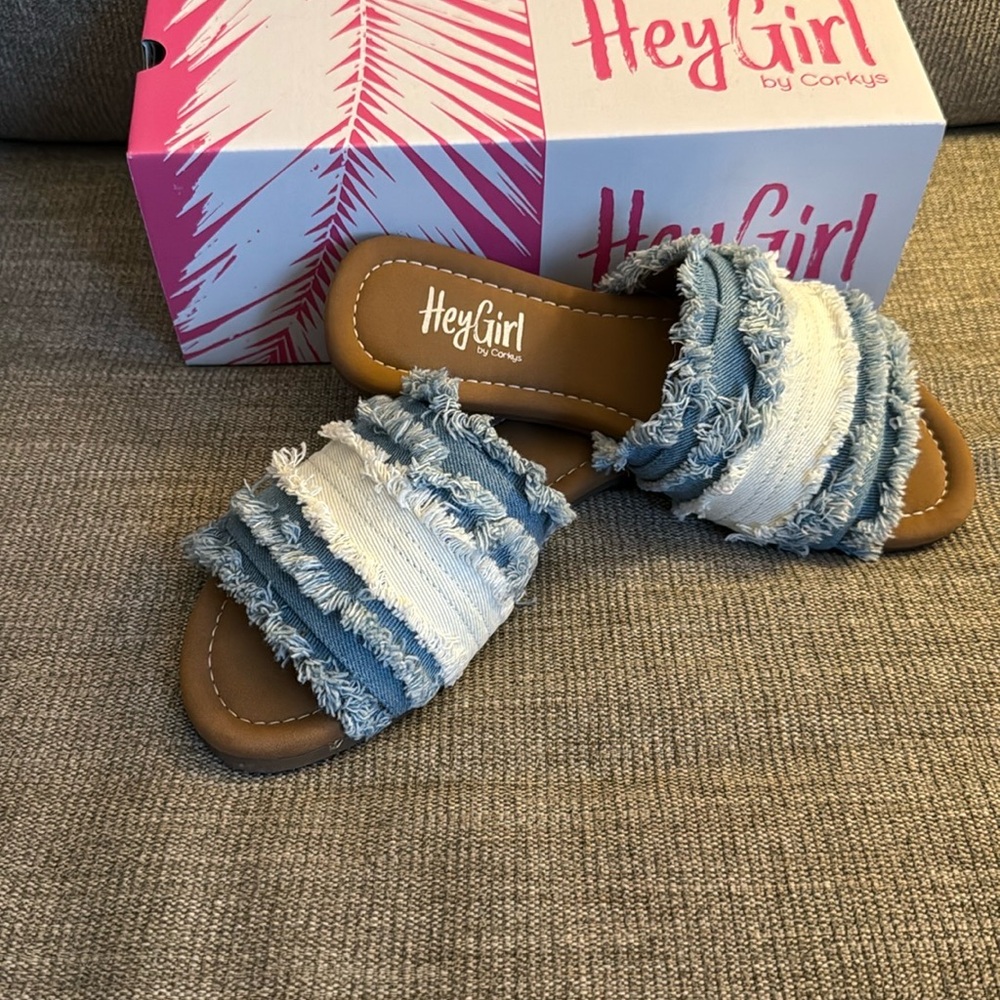 Corkys Blue and White Frayed Denim Sandals